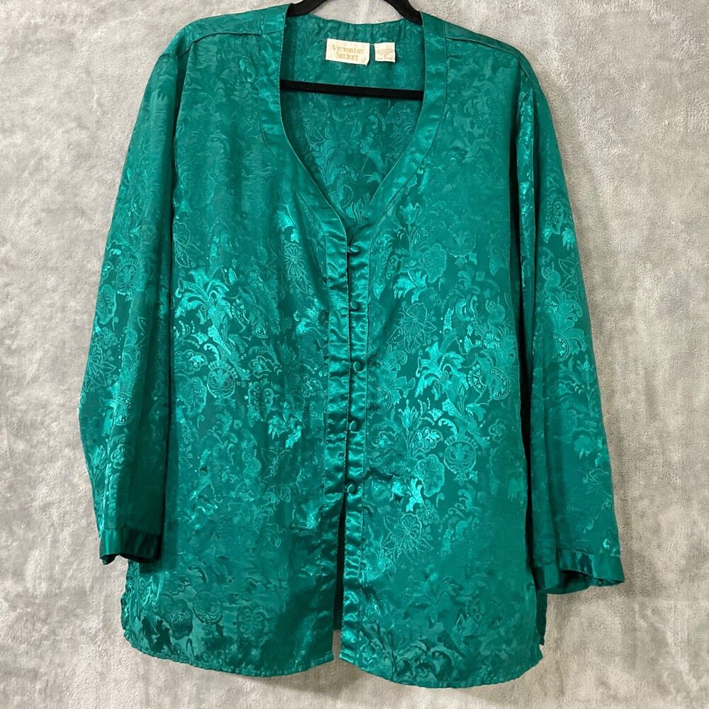 Victoria’s Secret GOLD LABEL Emerald Green Satin Floral PJ Top only  size M